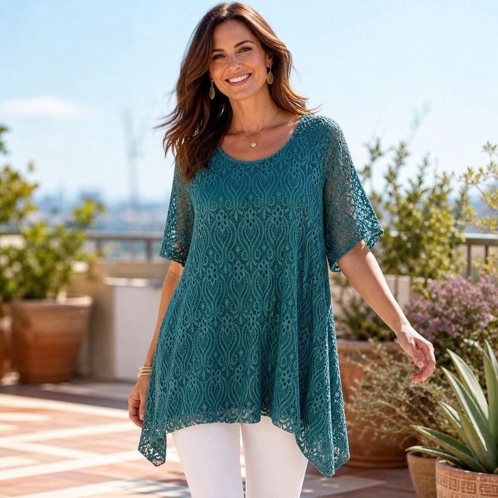 Frazzle Women's Teal Crochet Lace Tunic Top Sz XXL Boho Shark-bite Hem